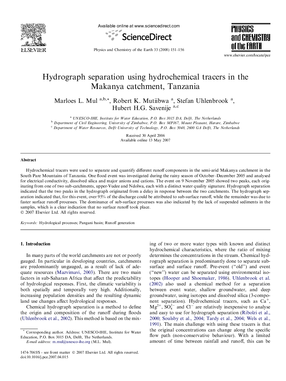 Hydrograph separation using hydrochemical tracers in the Makanya catchment, Tanzania