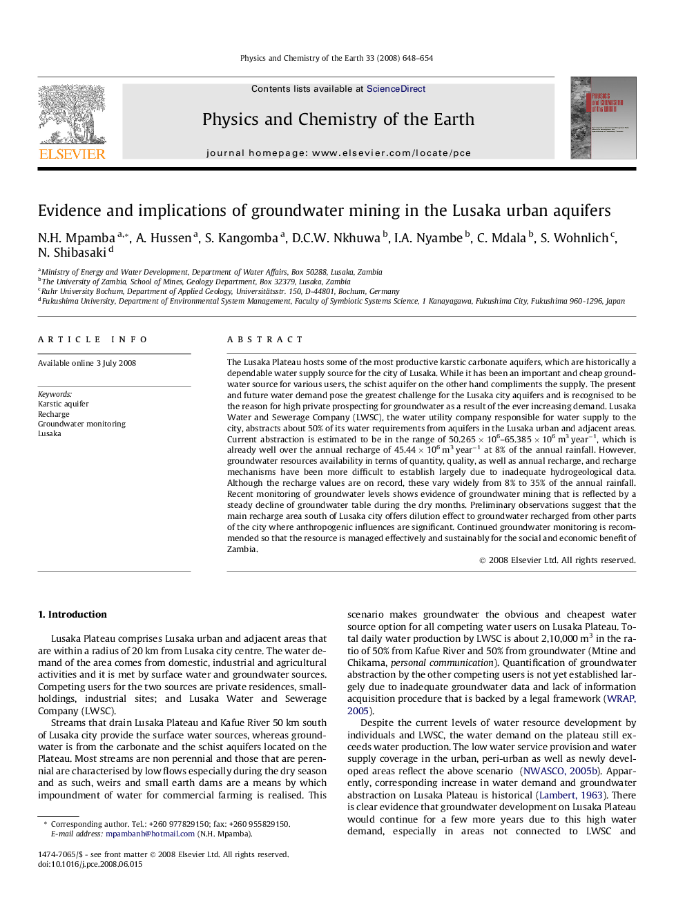 Evidence and implications of groundwater mining in the Lusaka urban aquifers