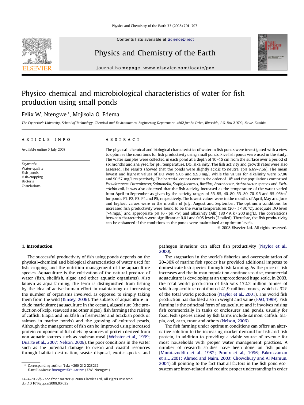 Physico-chemical and microbiological characteristics of water for fish production using small ponds