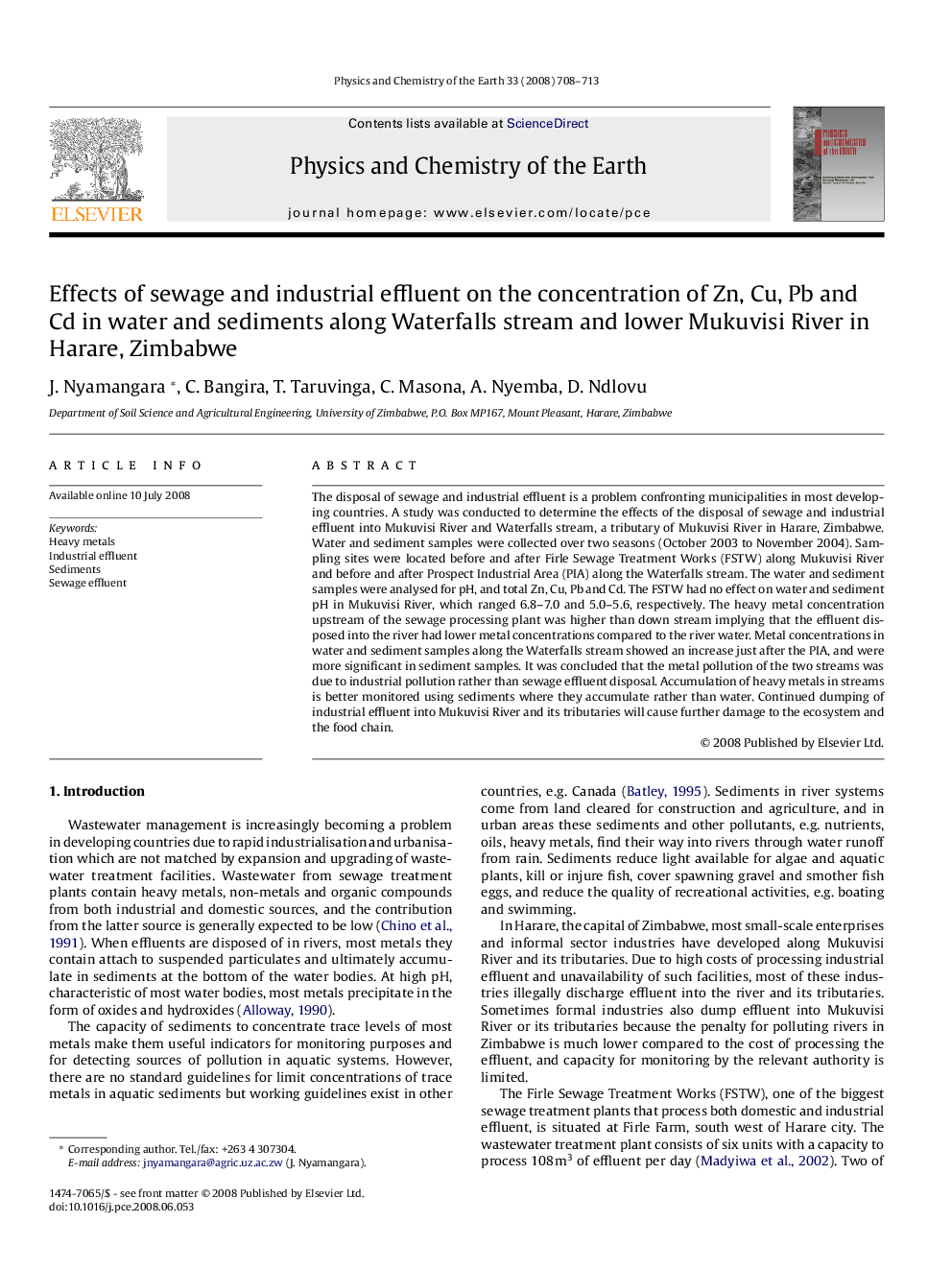 Effects of sewage and industrial effluent on the concentration of Zn, Cu, Pb and Cd in water and sediments along Waterfalls stream and lower Mukuvisi River in Harare, Zimbabwe