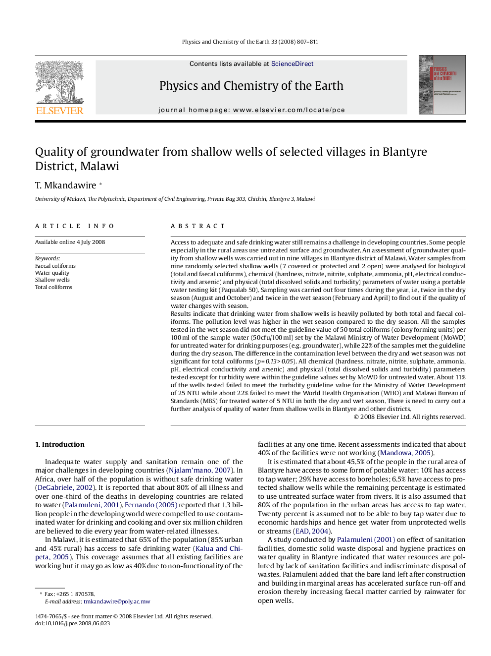 Quality of groundwater from shallow wells of selected villages in Blantyre District, Malawi