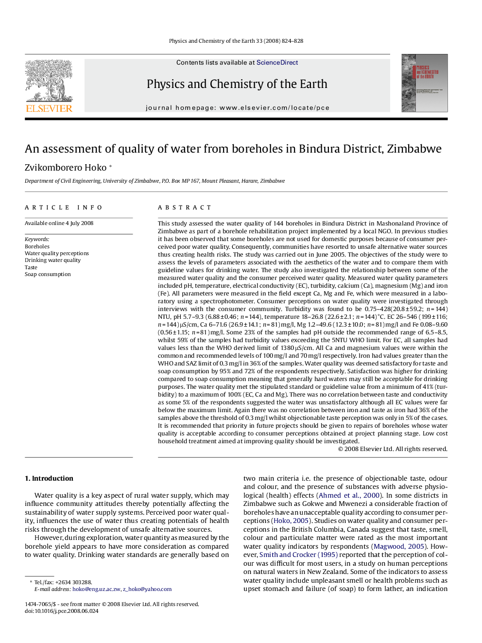 An assessment of quality of water from boreholes in Bindura District, Zimbabwe