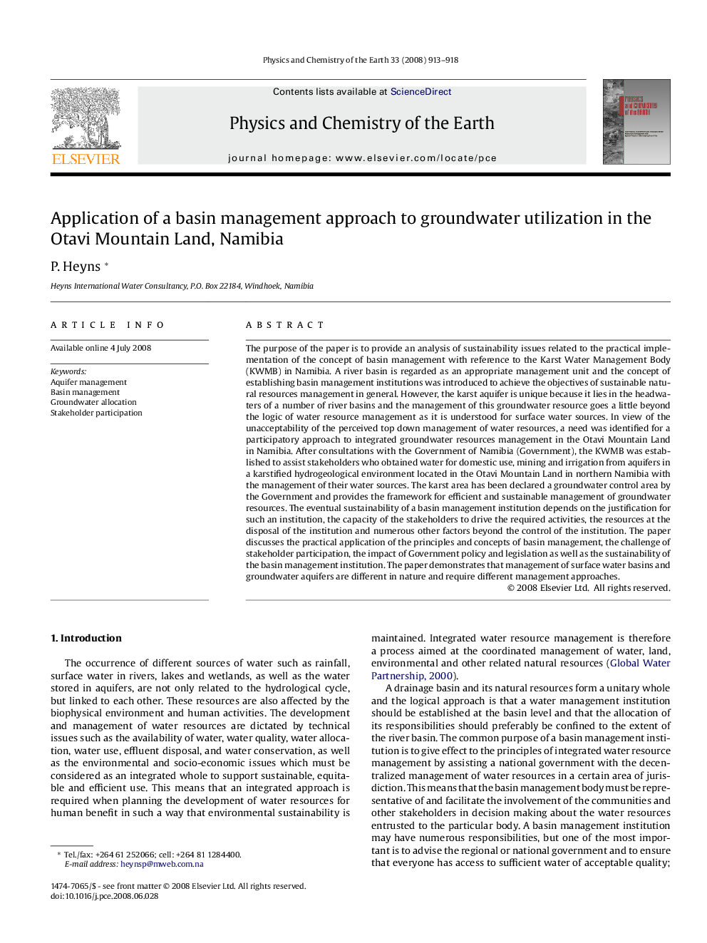 عکس صفحه اول مقاله: Application of a basin management approach to groundwater utilization in the Otavi Mountain Land, Namibia Application of a basin management approach to groundwater utilization in the Otavi Mountain Land, Namibia
