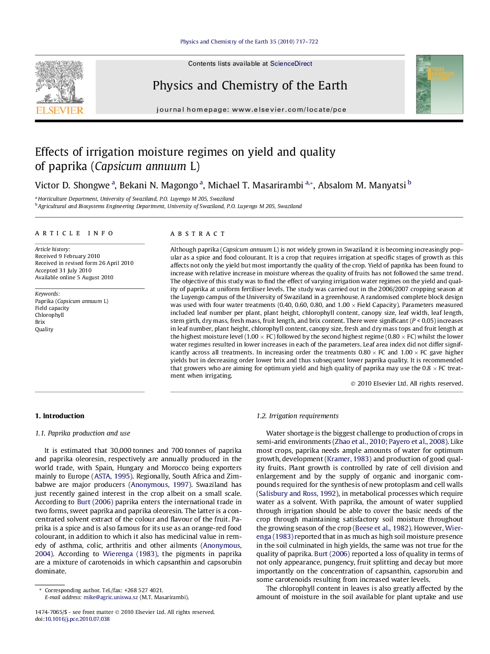 Effects of irrigation moisture regimes on yield and quality of paprika (Capsicum annuum L)