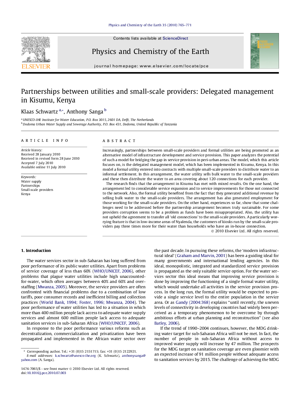 Partnerships between utilities and small-scale providers: Delegated management in Kisumu, Kenya