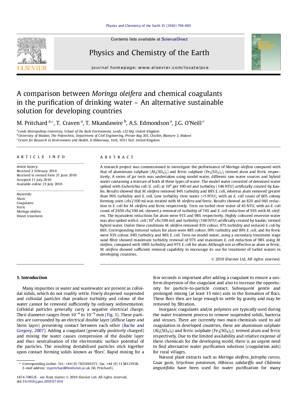 A comparison between Moringa oleifera and chemical coagulants in the purification of drinking water – An alternative sustainable solution for developing countries