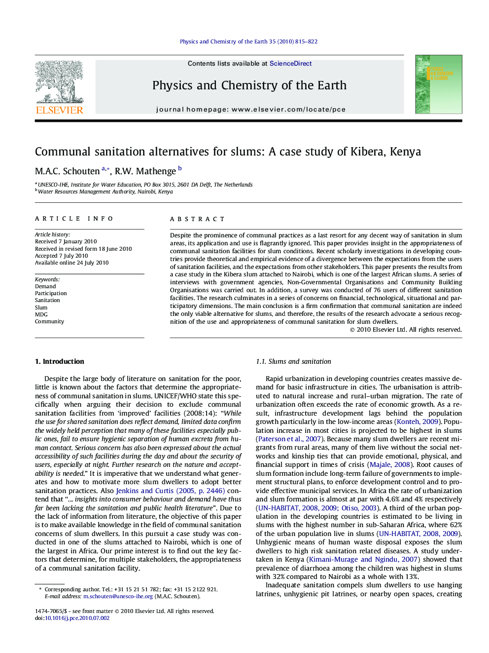 Communal sanitation alternatives for slums: A case study of Kibera, Kenya