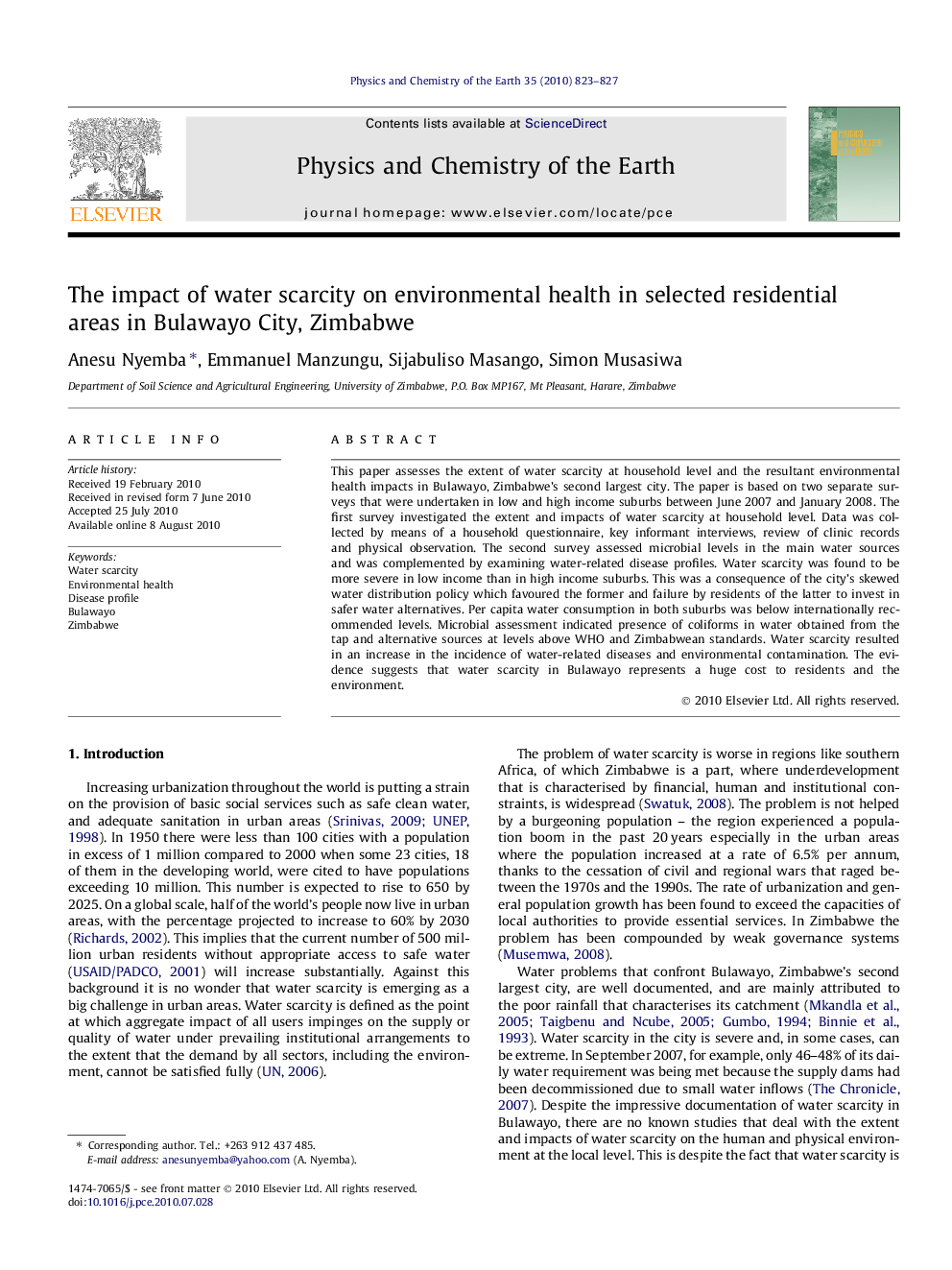 The impact of water scarcity on environmental health in selected residential areas in Bulawayo City, Zimbabwe