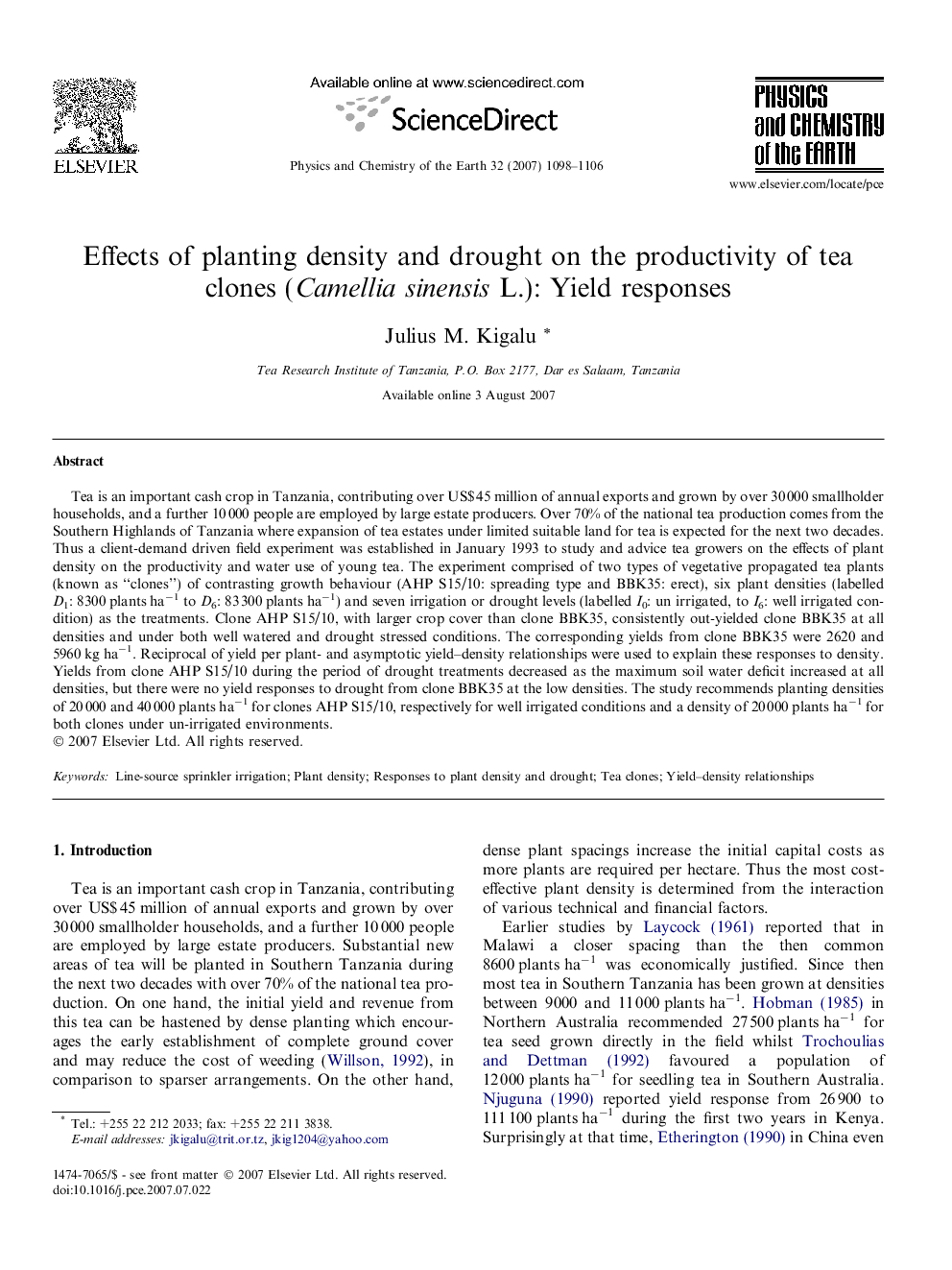 Effects of planting density and drought on the productivity of tea clones (Camellia sinensis L.): Yield responses