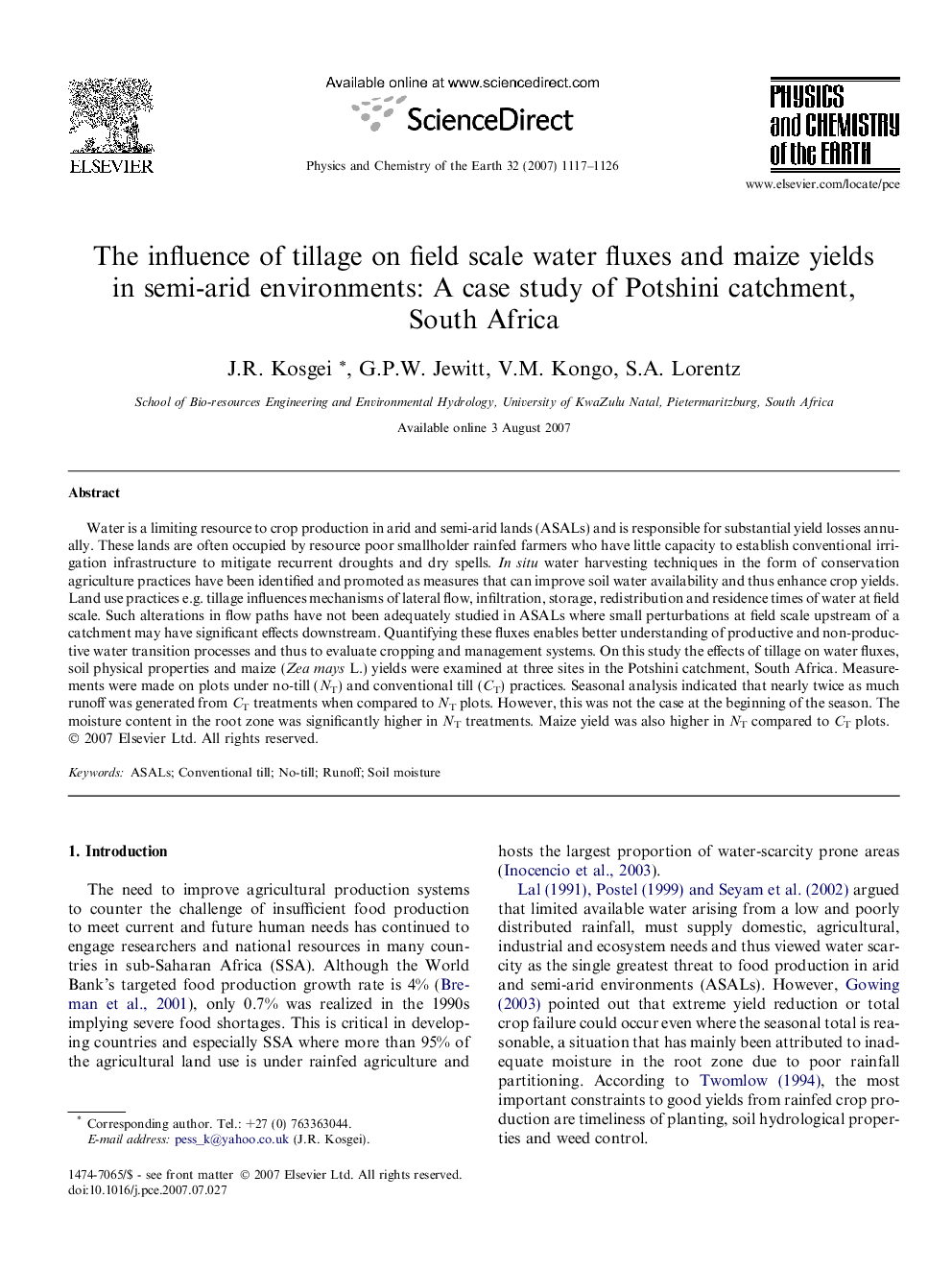 The influence of tillage on field scale water fluxes and maize yields in semi-arid environments: A case study of Potshini catchment, South Africa