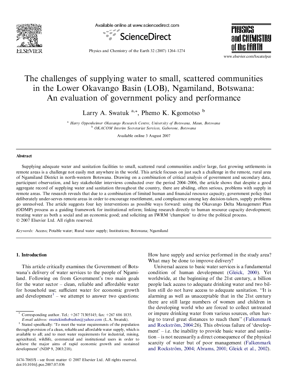 عکس صفحه اول مقاله: The challenges of supplying water to small, scattered communities in the Lower Okavango Basin (LOB), Ngamiland, Botswana: An evaluation of government policy and performance The challenges of supplying water to small, scattered communities in the Lower Okavango Basin (LOB), Ngamiland, Botswana: An evaluation of government policy and performance