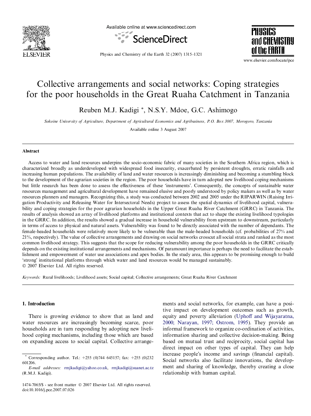 Collective arrangements and social networks: Coping strategies for the poor households in the Great Ruaha Catchment in Tanzania