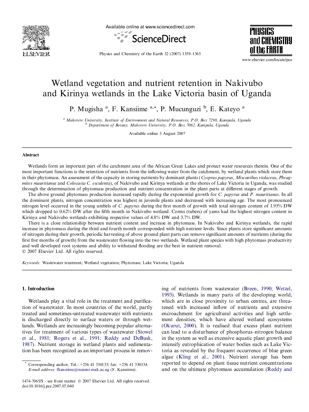 Wetland vegetation and nutrient retention in Nakivubo and Kirinya wetlands in the Lake Victoria basin of Uganda