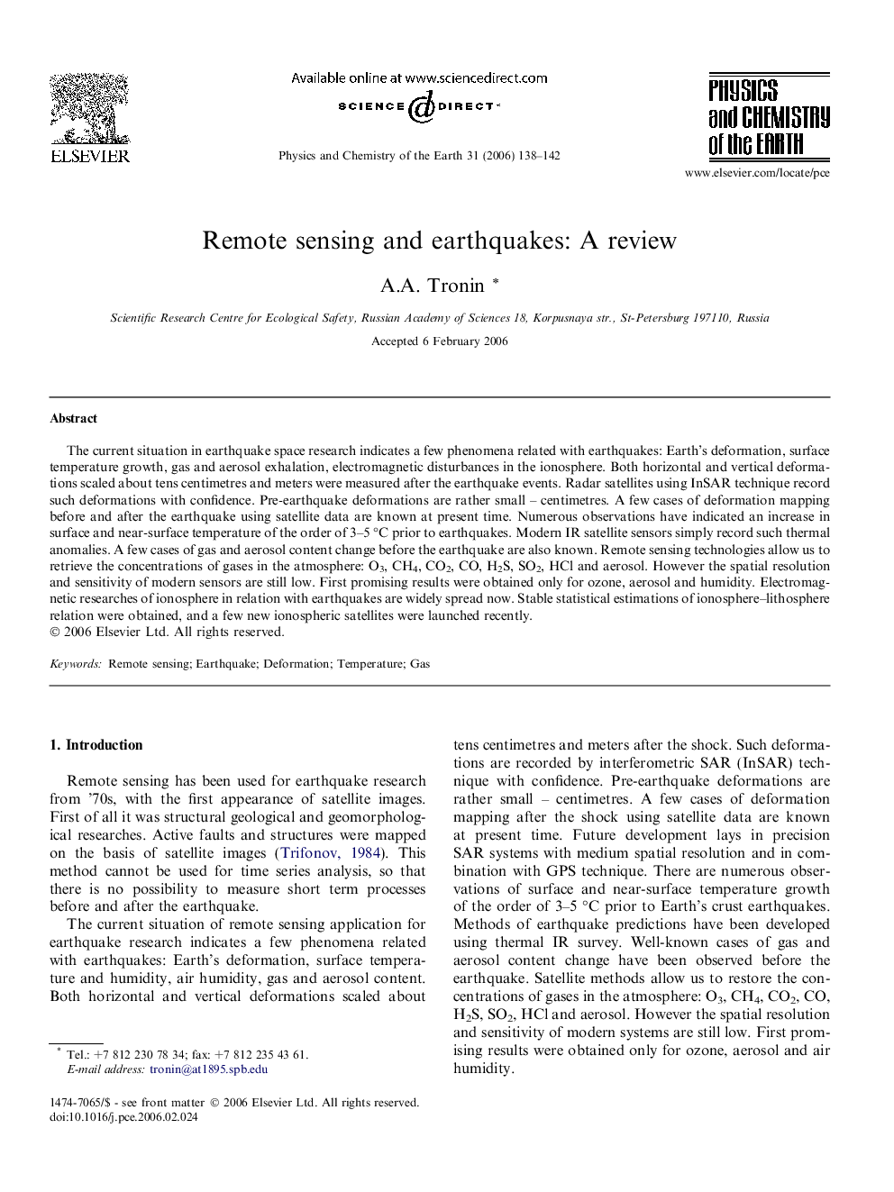 Remote sensing and earthquakes: A review