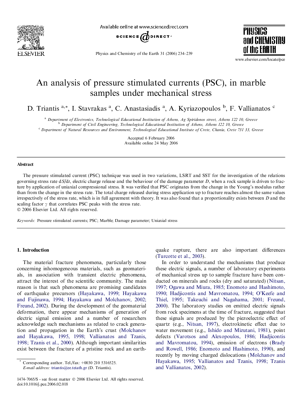 An analysis of pressure stimulated currents (PSC), in marble samples under mechanical stress