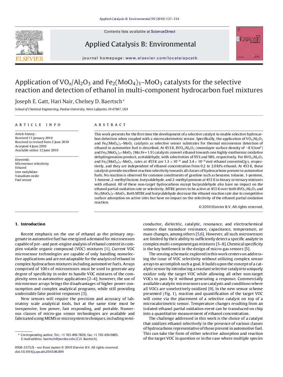 Application of VOx/Al2O3 and Fe2(MoO4)3–MoO3 catalysts for the selective reaction and detection of ethanol in multi-component hydrocarbon fuel mixtures