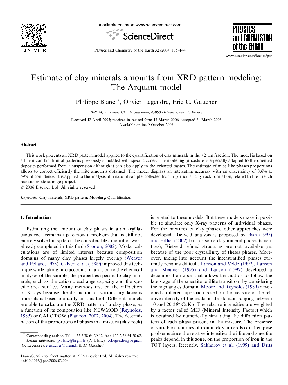 عکس صفحه اول مقاله: Estimate of clay minerals amounts from XRD pattern modeling: The Arquant model Estimate of clay minerals amounts from XRD pattern modeling: The Arquant model
