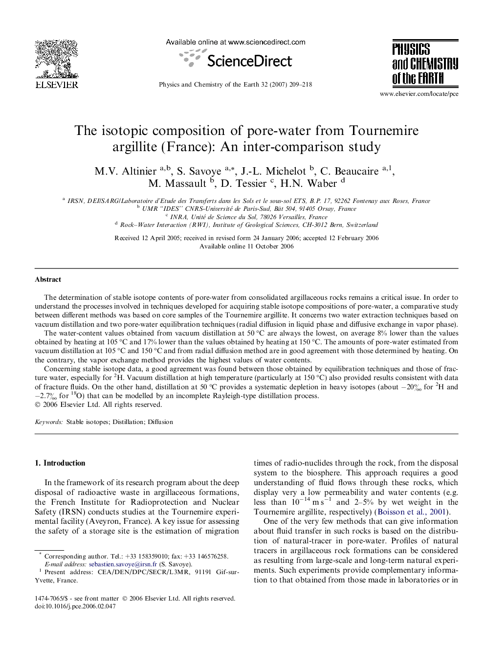 The isotopic composition of pore-water from Tournemire argillite (France): An inter-comparison study