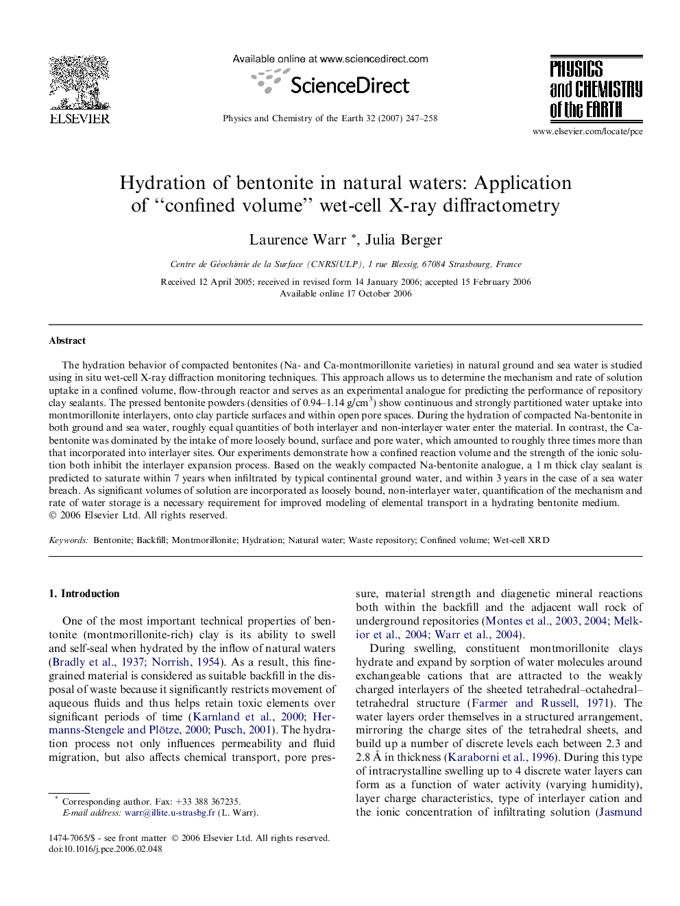 Hydration of bentonite in natural waters: Application of “confined volume” wet-cell X-ray diffractometry