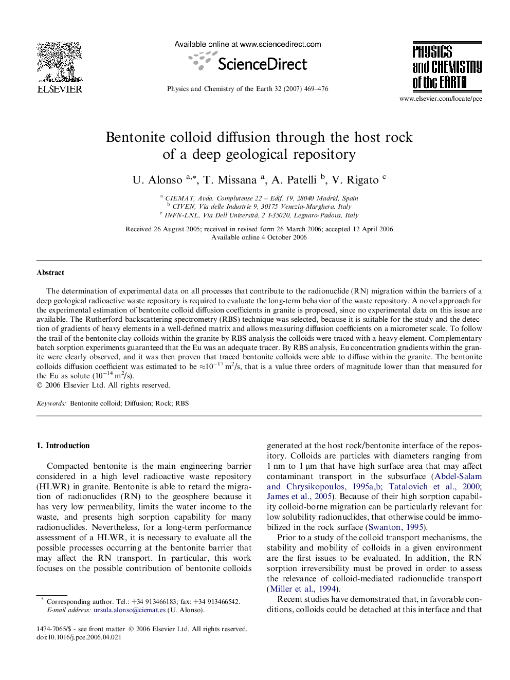 عکس صفحه اول مقاله: Bentonite colloid diffusion through the host rock of a deep geological repository Bentonite colloid diffusion through the host rock of a deep geological repository
