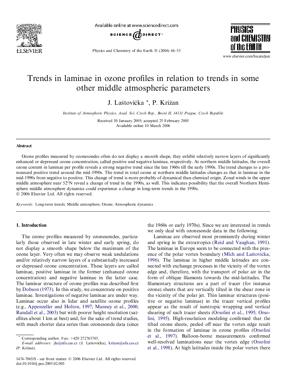 Trends in laminae in ozone profiles in relation to trends in some other middle atmospheric parameters