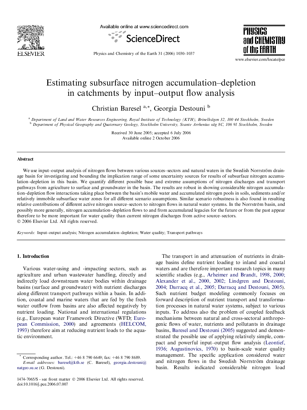 Estimating subsurface nitrogen accumulation-depletion in catchments by input-output flow analysis