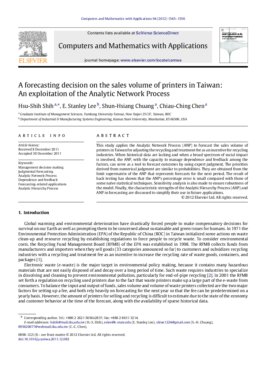 A forecasting decision on the sales volume of printers in Taiwan: An exploitation of the Analytic Network Process