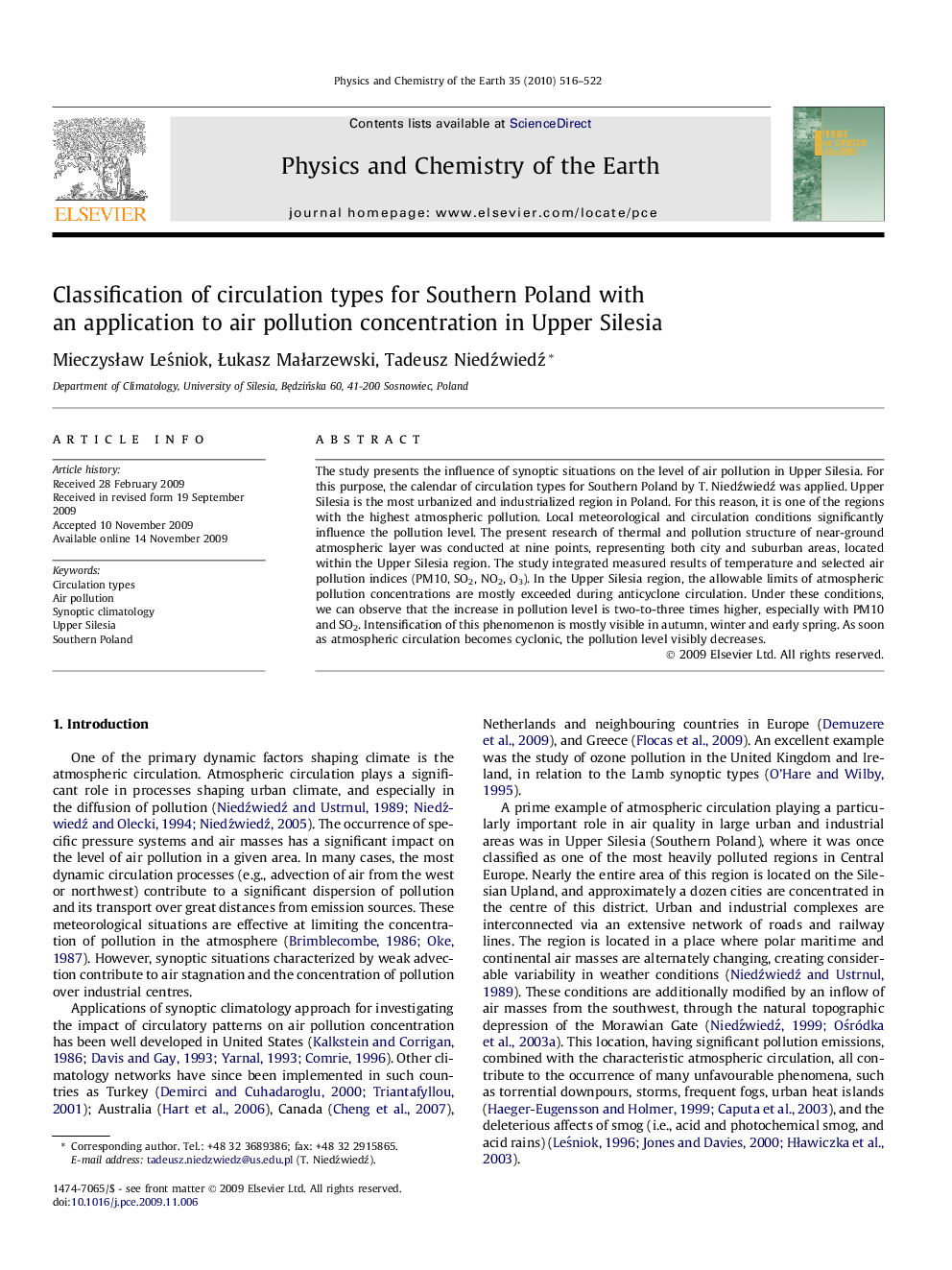 Classification of circulation types for Southern Poland with an application to air pollution concentration in Upper Silesia