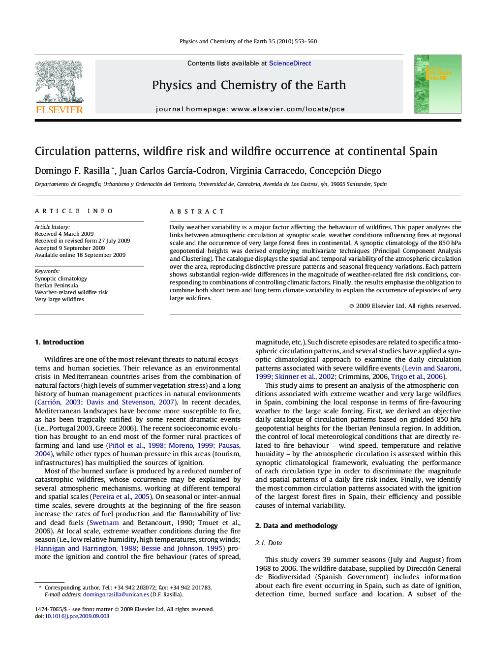عکس صفحه اول مقاله: Circulation patterns, wildfire risk and wildfire occurrence at continental Spain Circulation patterns, wildfire risk and wildfire occurrence at continental Spain