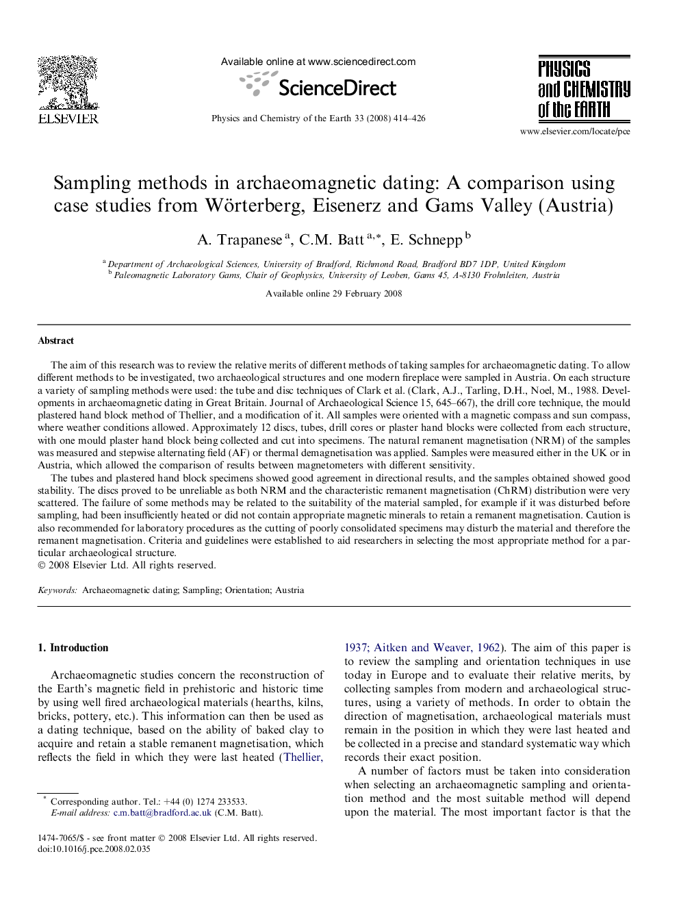 Sampling methods in archaeomagnetic dating: A comparison using case studies from Wörterberg, Eisenerz and Gams Valley (Austria)