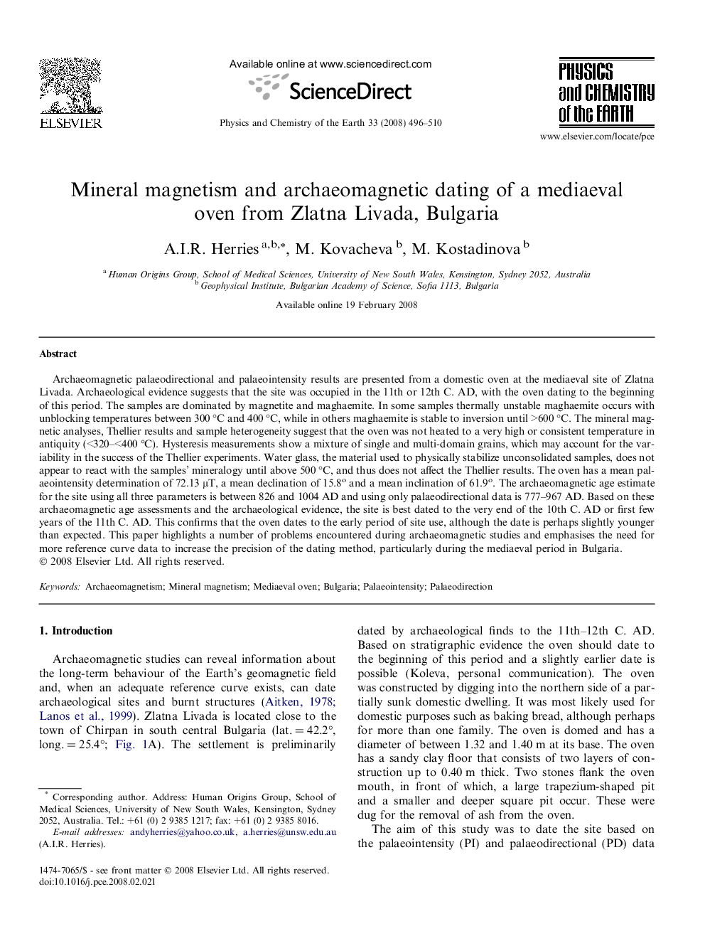 Mineral magnetism and archaeomagnetic dating of a mediaeval oven from Zlatna Livada, Bulgaria