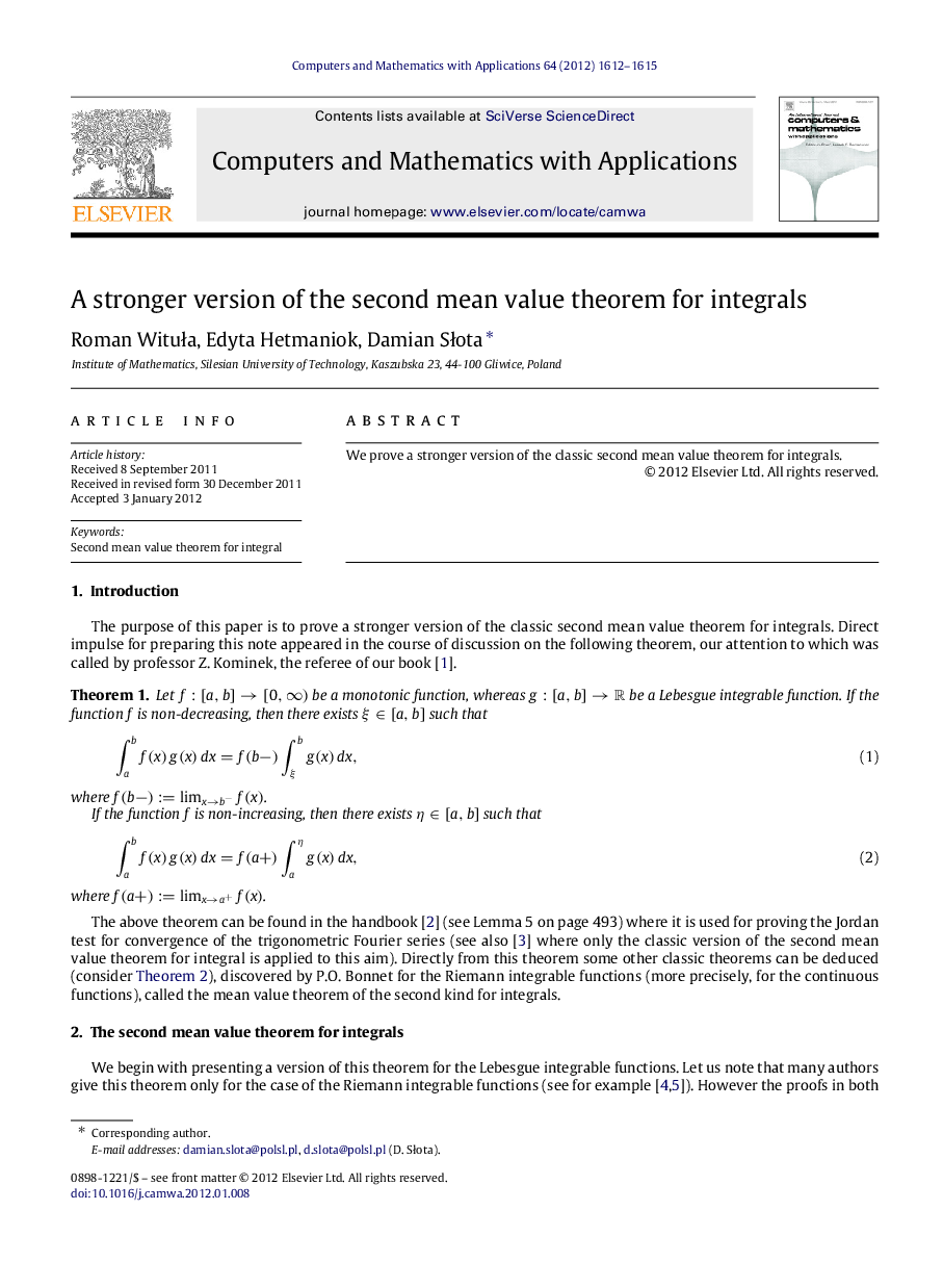 A stronger version of the second mean value theorem for integrals