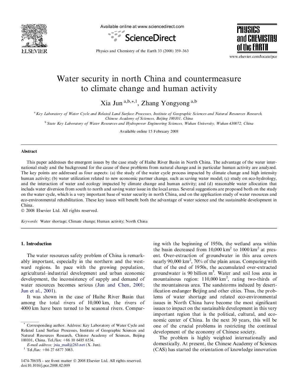 Water security in north China and countermeasure to climate change and human activity