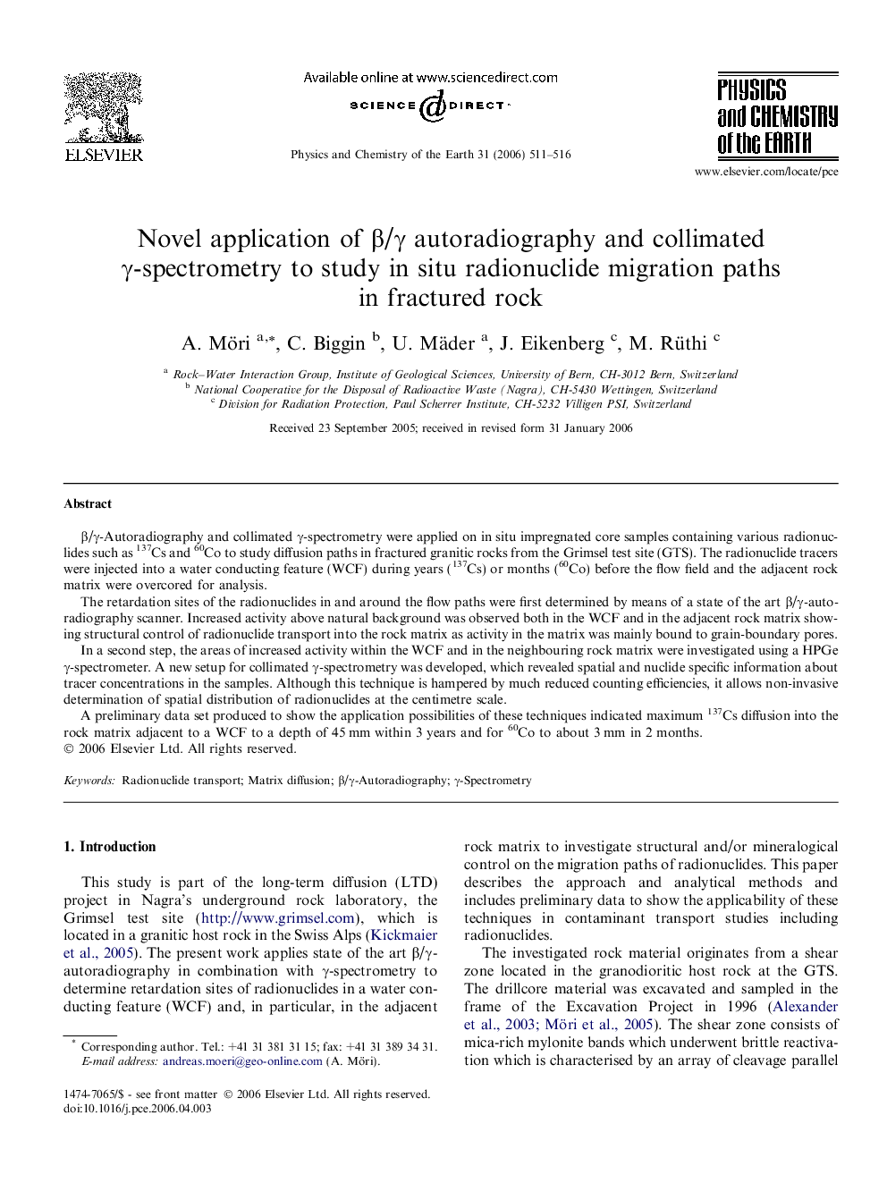 Novel application of β/γ autoradiography and collimated γ-spectrometry to study in situ radionuclide migration paths in fractured rock