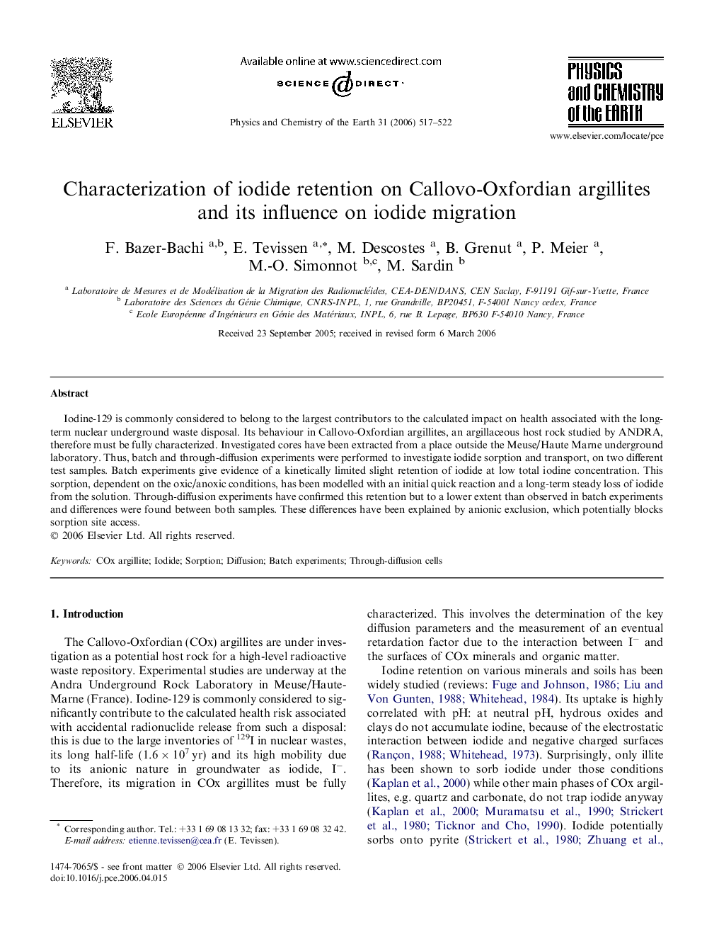 Characterization of iodide retention on Callovo-Oxfordian argillites and its influence on iodide migration