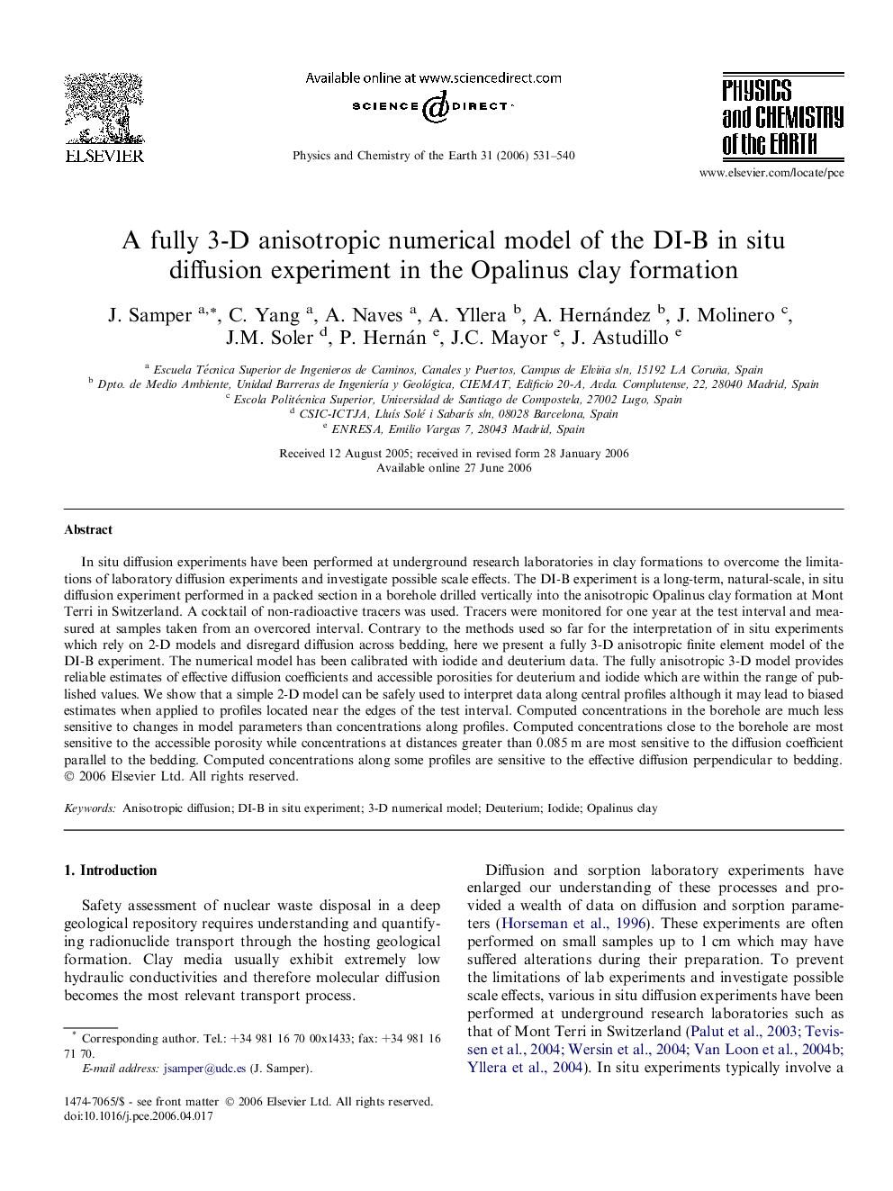 A fully 3-D anisotropic numerical model of the DI-B in situ diffusion experiment in the Opalinus clay formation