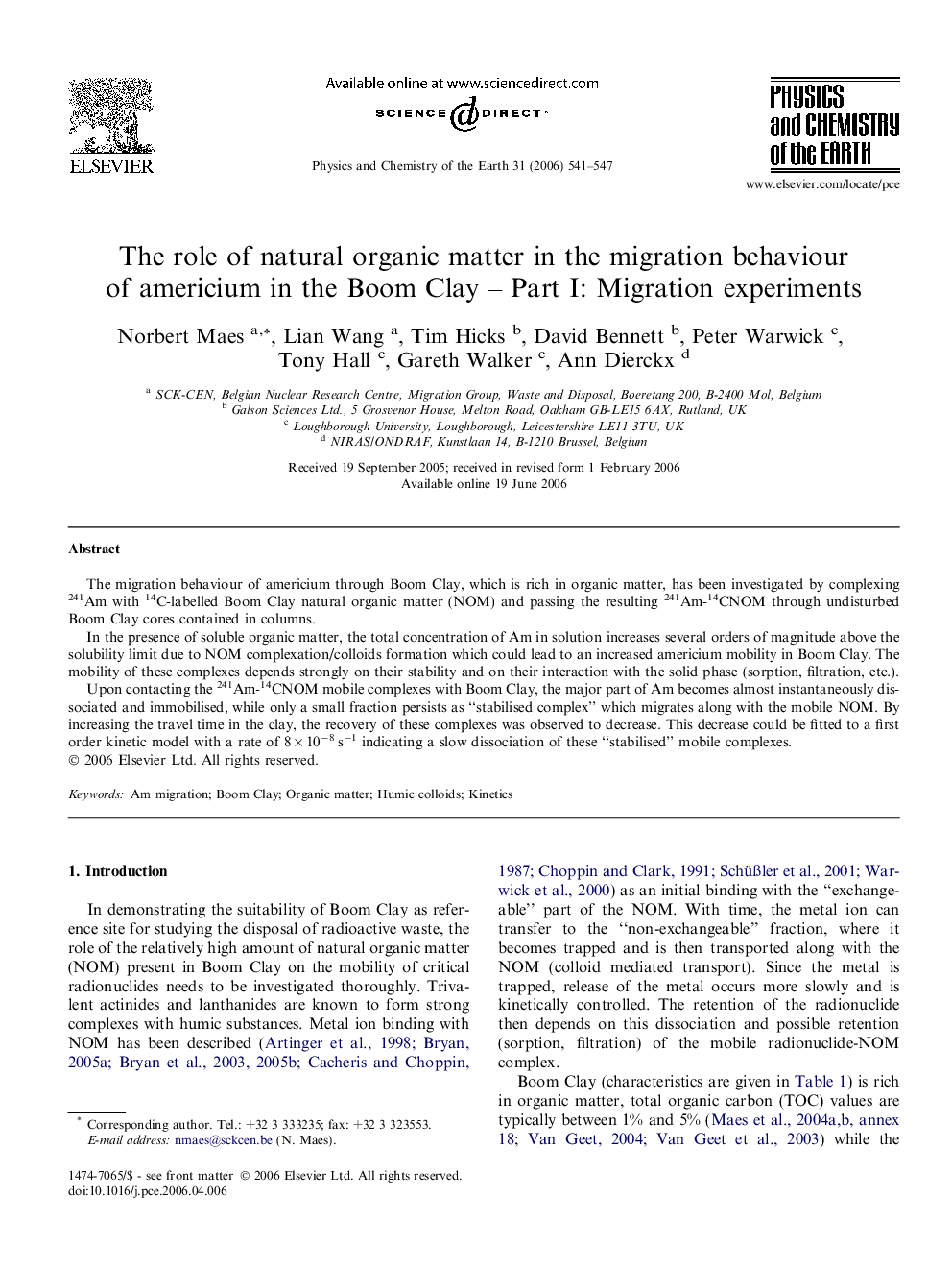 The role of natural organic matter in the migration behaviour of americium in the Boom Clay – Part I: Migration experiments