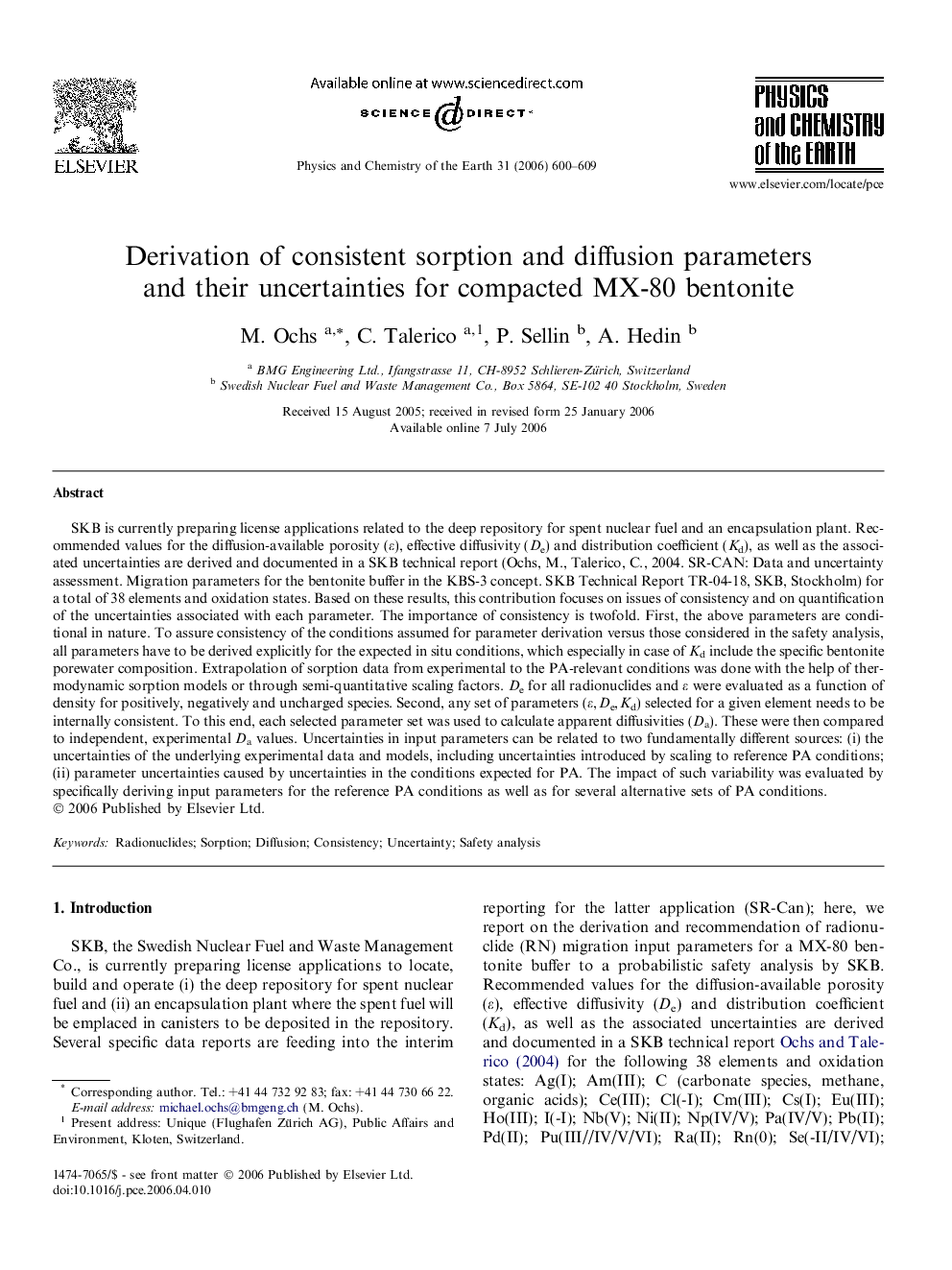 Derivation of consistent sorption and diffusion parameters and their uncertainties for compacted MX-80 bentonite