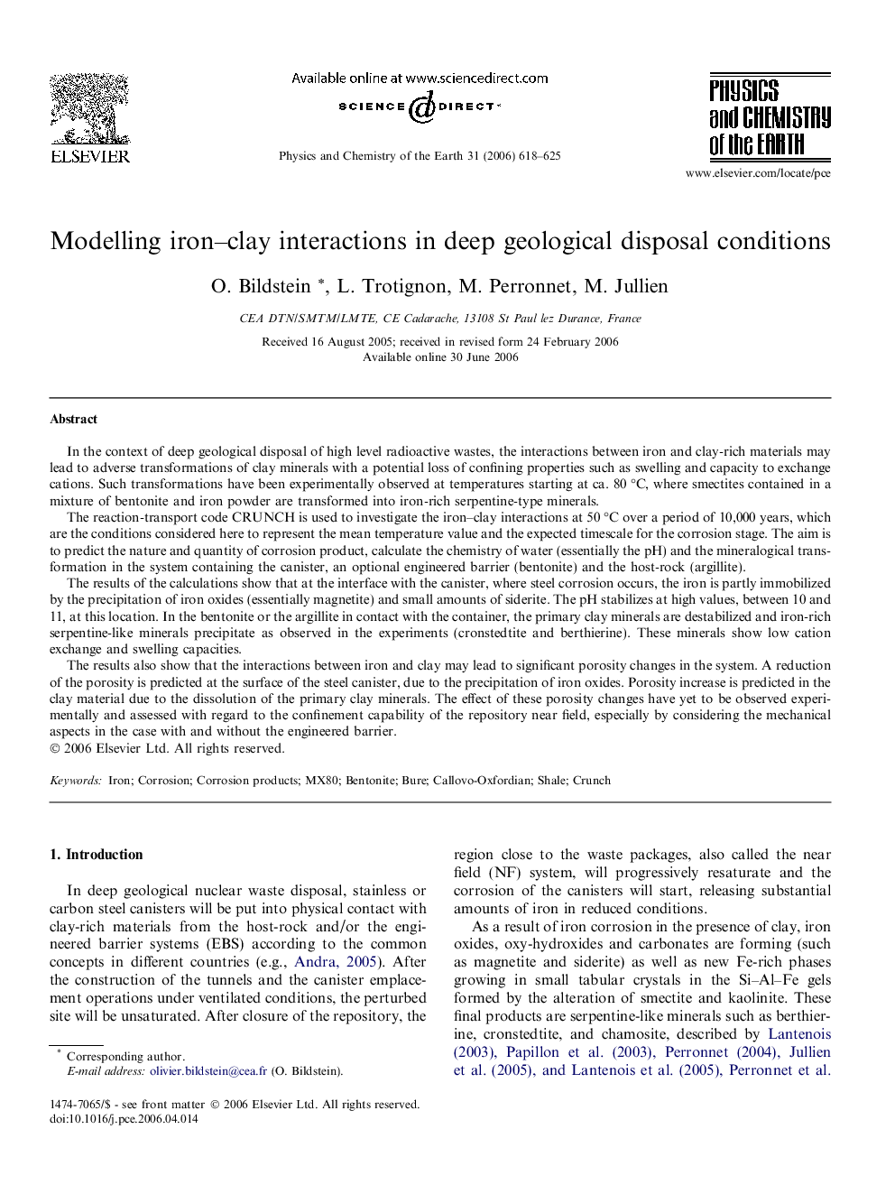 Modelling iron–clay interactions in deep geological disposal conditions