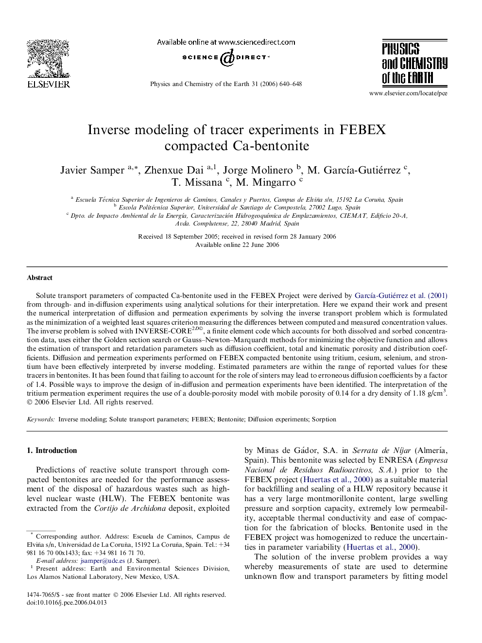 Inverse modeling of tracer experiments in FEBEX compacted Ca-bentonite