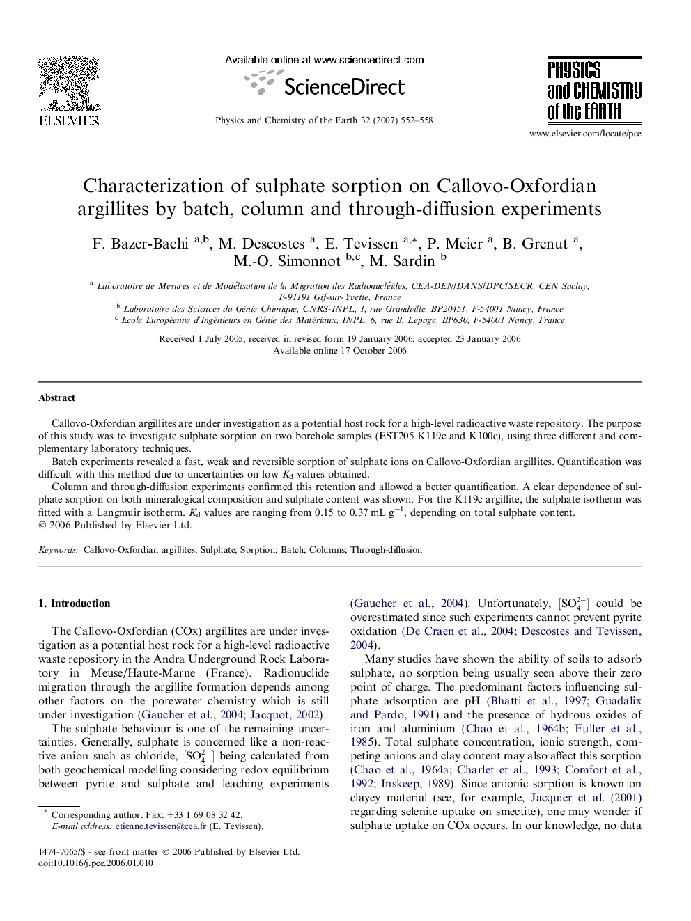 Characterization of sulphate sorption on Callovo-Oxfordian argillites by batch, column and through-diffusion experiments