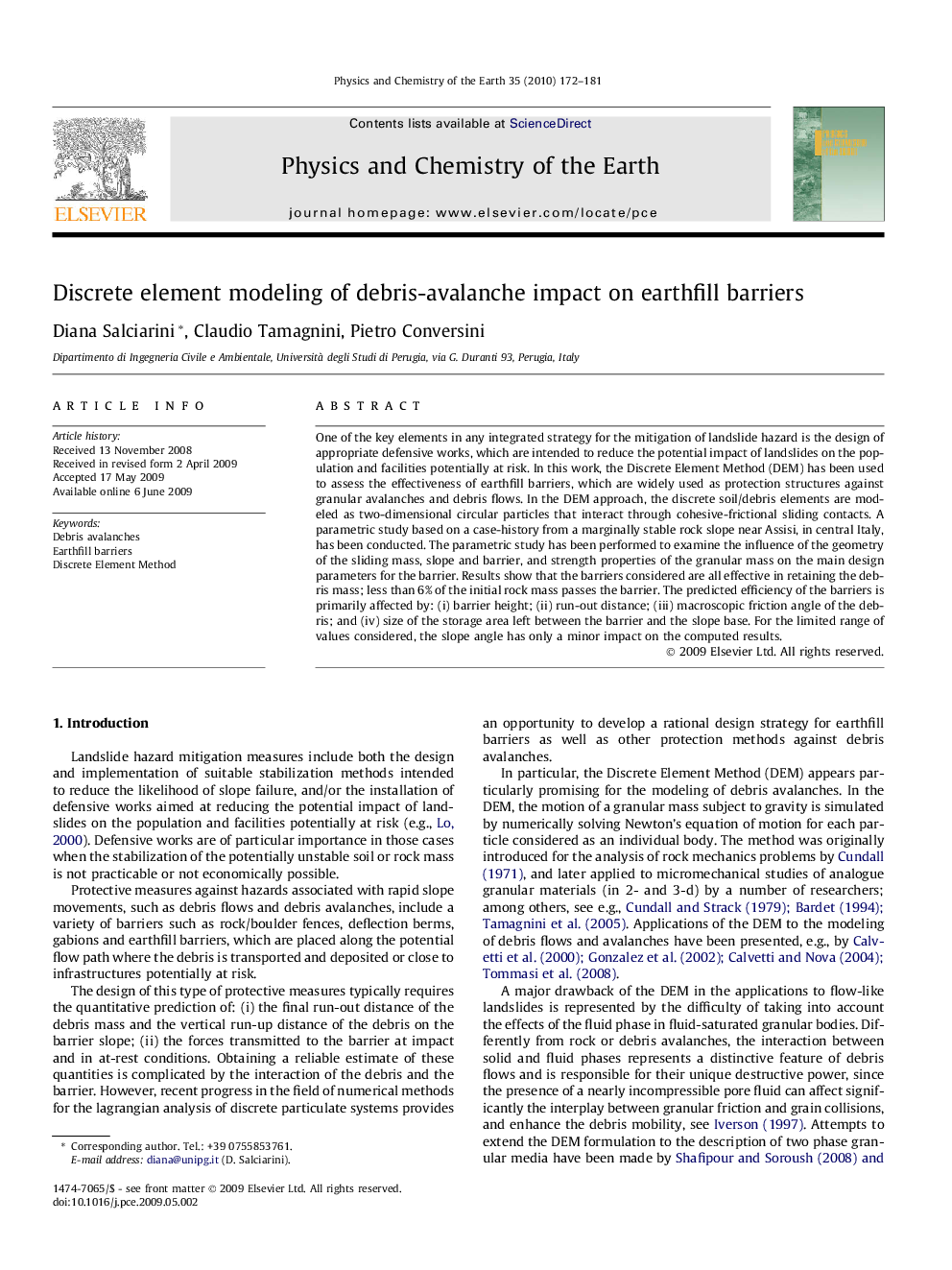 Discrete element modeling of debris-avalanche impact on earthfill barriers