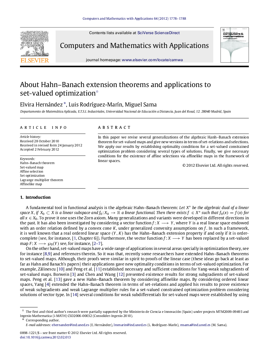 About Hahn–Banach extension theorems and applications to set-valued optimization 