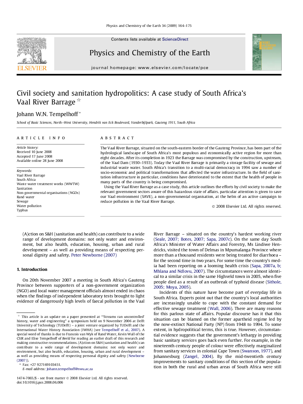 Civil society and sanitation hydropolitics: A case study of South Africa’s Vaal River Barrage 