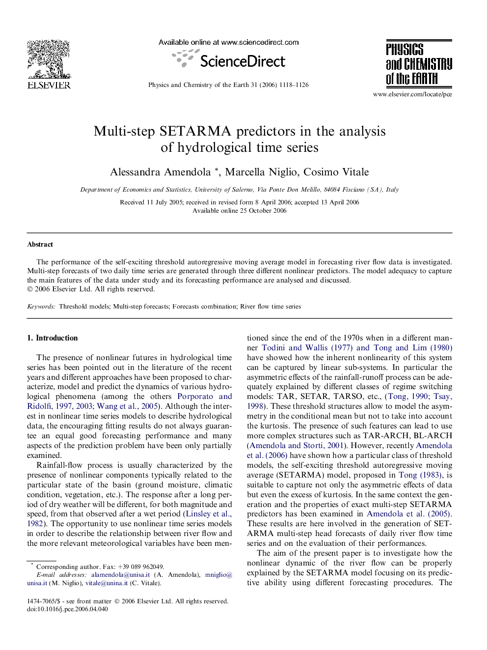 Multi-step SETARMA predictors in the analysis of hydrological time series