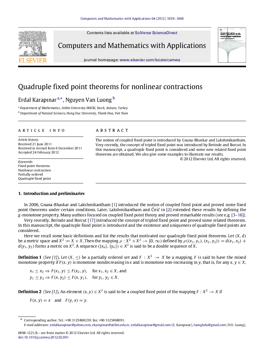 Quadruple fixed point theorems for nonlinear contractions