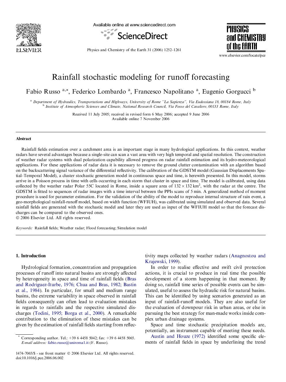 Rainfall stochastic modeling for runoff forecasting