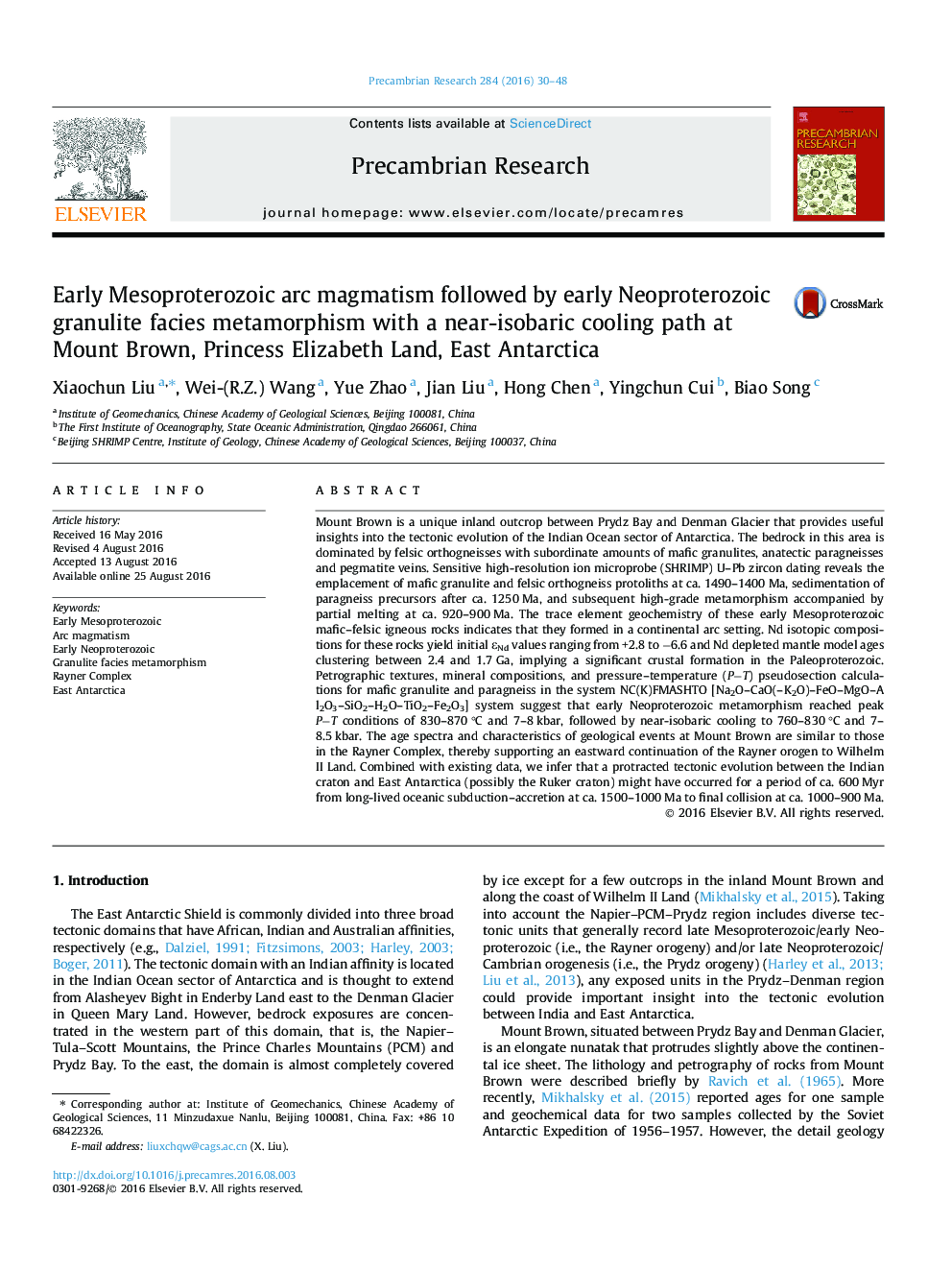 Early Mesoproterozoic arc magmatism followed by early Neoproterozoic granulite facies metamorphism with a near-isobaric cooling path at Mount Brown, Princess Elizabeth Land, East Antarctica