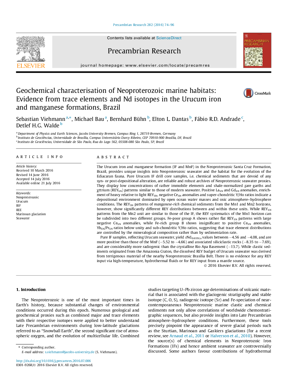 Geochemical characterisation of Neoproterozoic marine habitats: Evidence from trace elements and Nd isotopes in the Urucum iron and manganese formations, Brazil