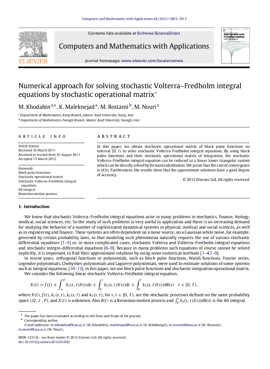 Numerical approach for solving stochastic Volterra–Fredholm integral equations by stochastic operational matrix 